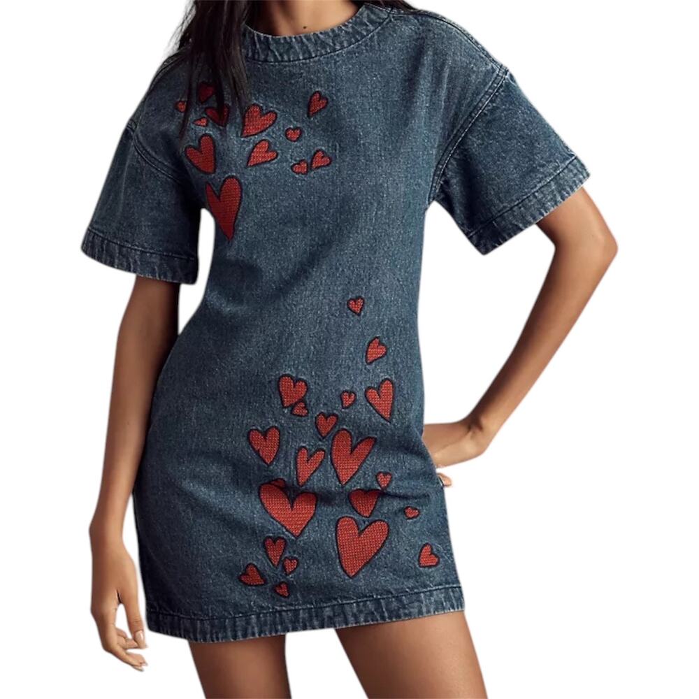 VICI Denim Heart Embroidered Mini Dress Blue Short‎ Sleeve Sz XS Valentine Art